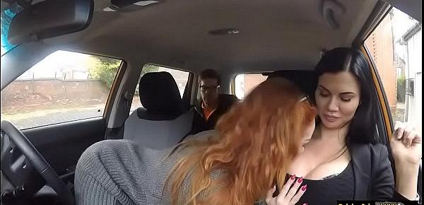  Redhead babe hard threesome in the car
